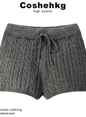 灰色好韩好高级复古麻花纹毛针织短裤冬季修身包臀抽绳打底休闲裤