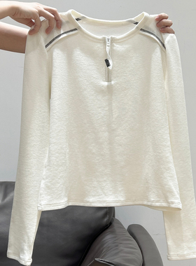 一穿爱上~圆领半开领磨毛长袖T恤白色打底衫秋冬季新款韩系上衣
