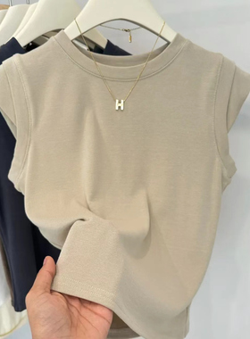 广州十三行女装！夏季新款圆领飞飞袖杏色螺纹纯棉T恤女修身无袖