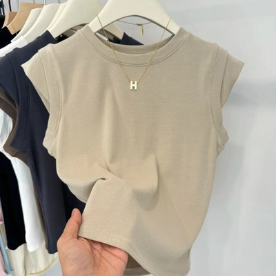 夏季新款圆领飞飞袖杏色T恤