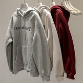 奥特莱斯 外贸余单秋冬刺绣字母连帽卫衣加绒加厚休闲减龄上衣ins