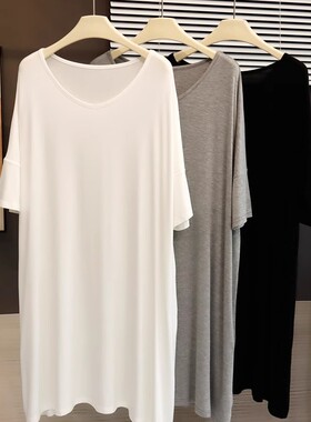 上身巨舒服！夏季中长款V领短袖T恤女慵懒风莫代尔宽松大码上衣潮