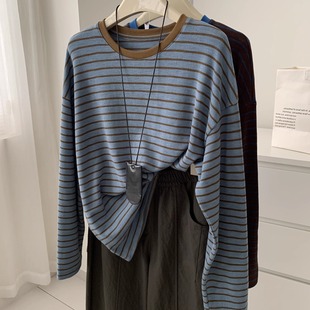 韩系条纹拼接慵懒打底衫 宽松休闲内搭外穿洋气百搭上衣 女早秋新款