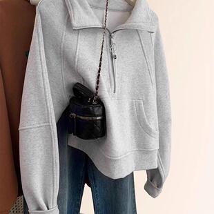 广州十三行高货!2024春秋新款白花灰色翻领半拉链短款卫衣女ins潮