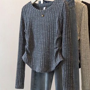 显瘦内搭T恤小衫 早秋褶皱收腰长袖 修身 女春秋款 上衣ins 针织打底衫