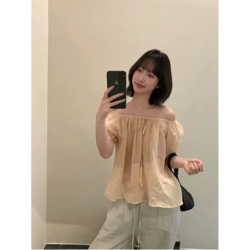 纯欲露肩系带短袖衬衫女