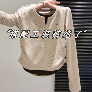 褶皱收腰显瘦正肩短款 t恤女2025早秋新款 上衣 拼接假两件长袖 美式