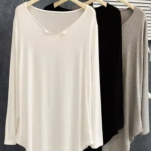 宽松休闲莫代尔面膜打底衫 T恤女秋款 慵懒风小V领圆弧下摆长袖 法式
