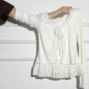太太太赞了 韩系木耳花边下摆拼接假两件T女秋设计感纯欲风上衣