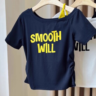 不规则斜领露肩百搭撞色上衣 新款 韩系字母印花短袖 t恤女2025夏季