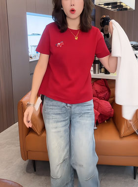 这样穿真的好韩！红色小马贴布印花短袖t恤女2026马年衣服内搭
