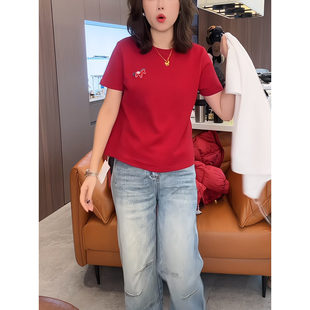 这样穿真的好韩！红色小马贴布印花短袖t恤女2026马年衣服内搭
