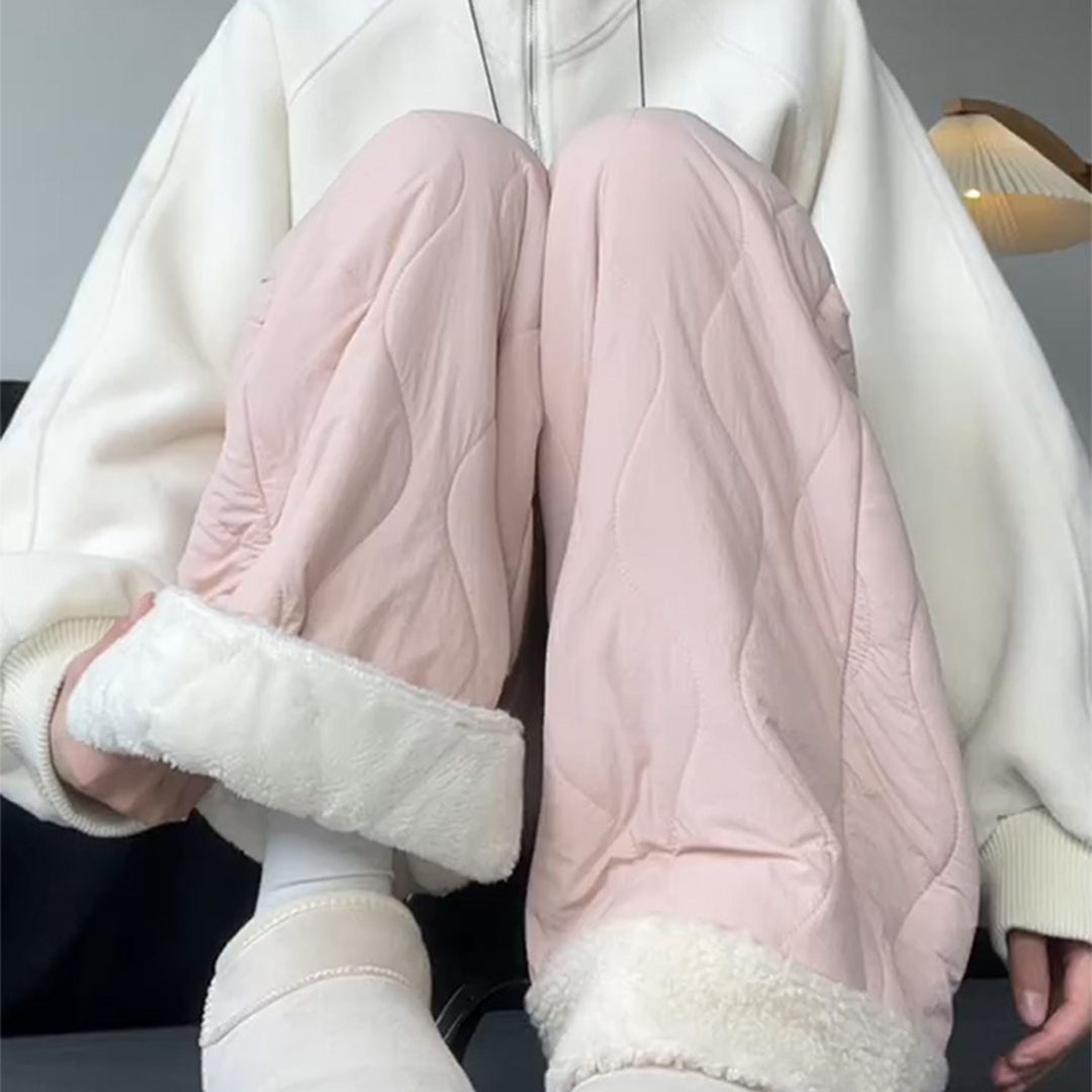 粉色葫芦纹羊羔毛夹棉裤子