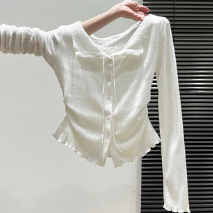 褶皱掐腰内搭打底衫 2025早秋季 假两件木耳边不规则长袖 美到词穷