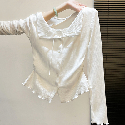 假两件木耳边不规则长袖t恤女