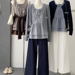 早秋季修身针织开衫设计两件套韩系甜美格子吊带背心叠穿减龄套装