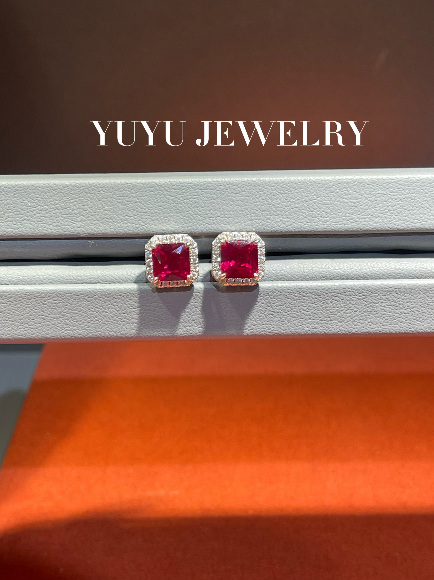 YUYU珠宝 培育红宝方糖微镶满钻耳钉925银镀18k日常简约百搭
