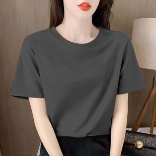 灰色纯棉短袖 T恤上衣 t恤女夏季 正肩宽松显瘦圆领休闲百搭女士半袖