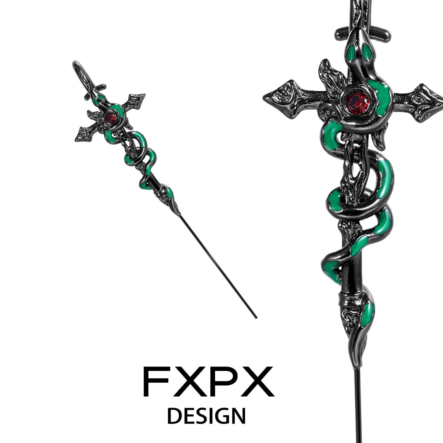 FXPX 原创黑蛇十字架穿刺耳针小众设计暗黑系耳钉哥特风独特耳饰