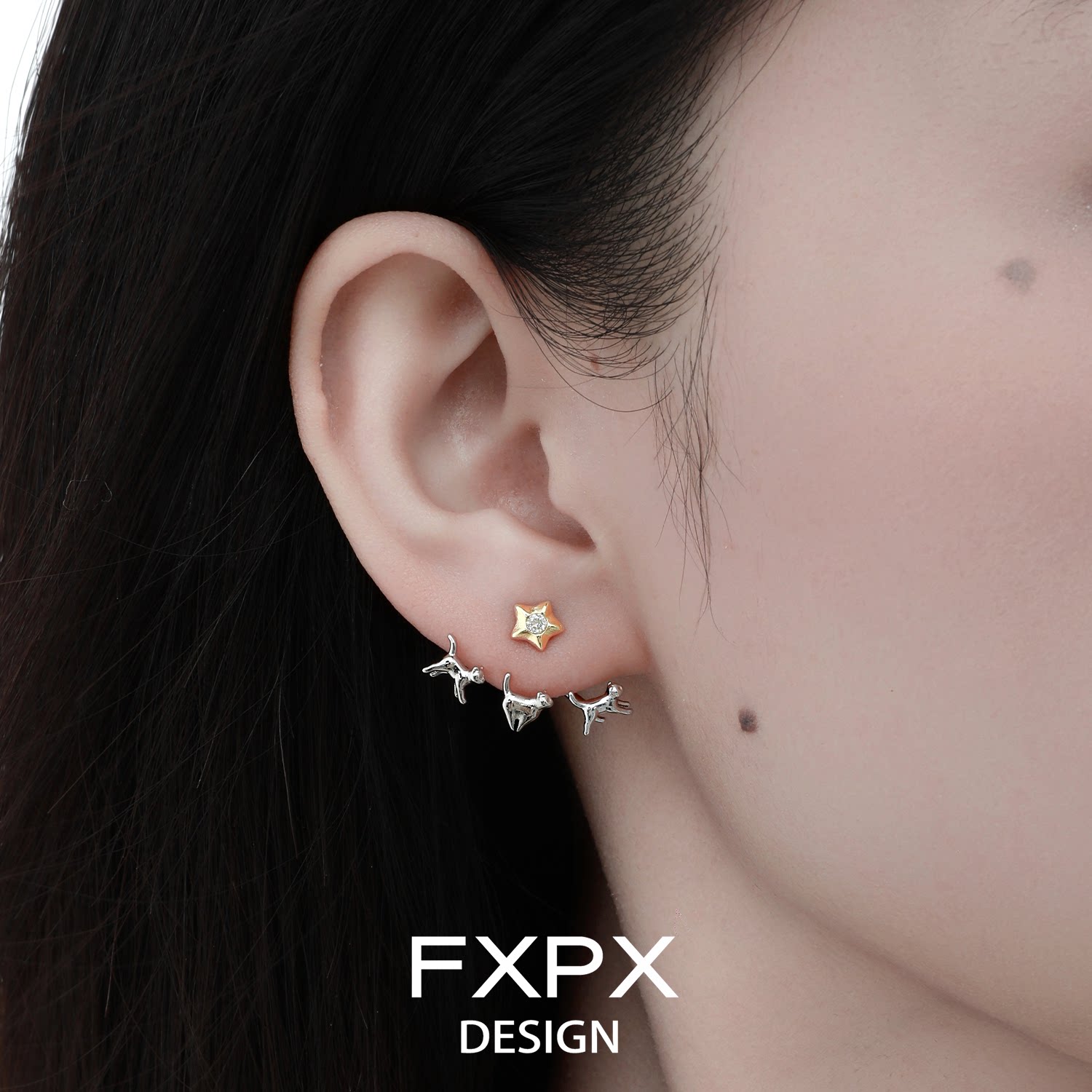 FXPX 原创猫咪跃动耳钉925银针小众耳饰甜酷风耳环可拆卸多种戴法