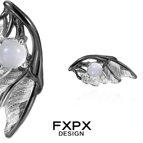 FXPX黑色羽毛纯银耳钉小众设计白玛瑙S925纯银耳饰养耳洞睡觉免摘