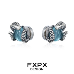 FXPX磁吸款无耳洞纯银蛇耳夹复古氧化做旧风淡蓝色耳饰无耳洞耳夹