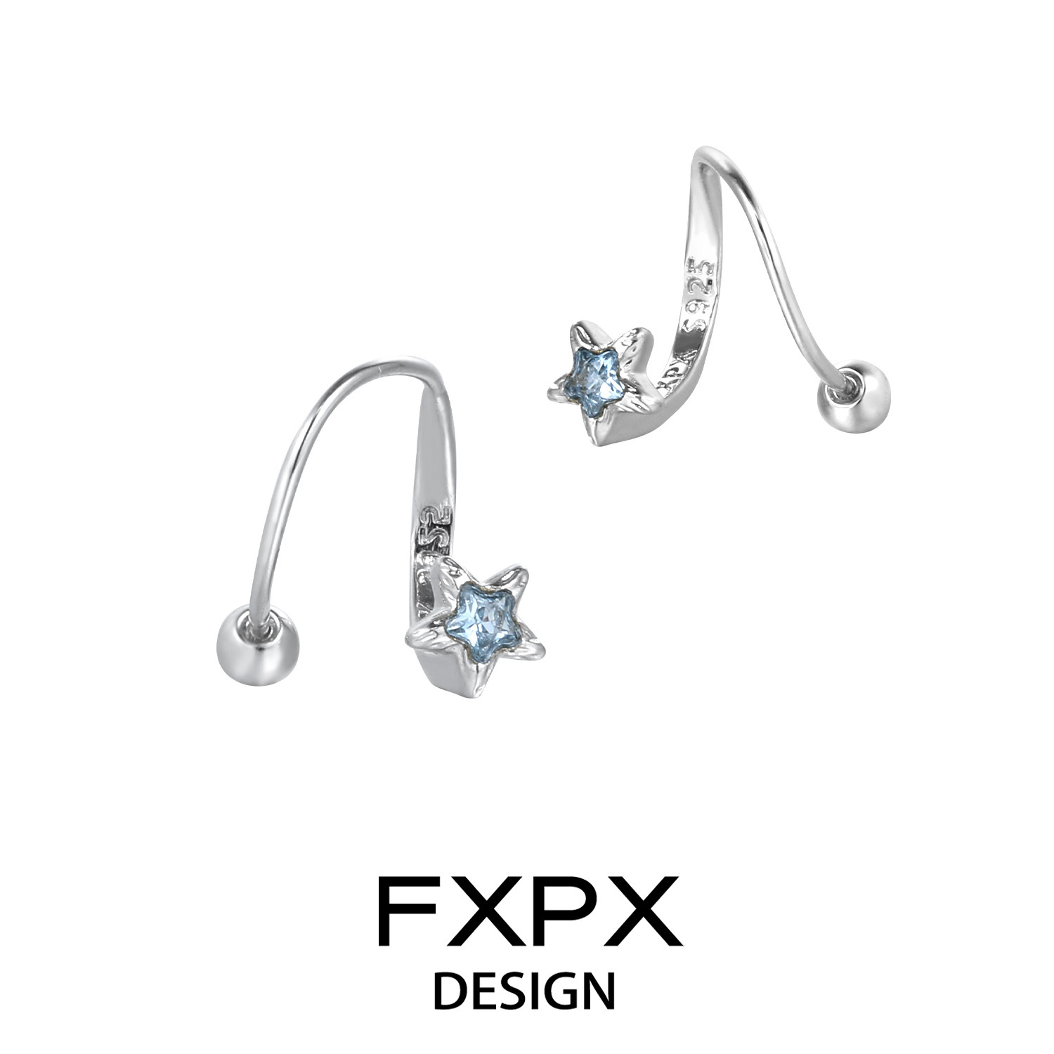 FXPX 原创纯银蓝色五角流星轨迹耳钉螺丝拧扣耳饰养耳洞免摘耳环