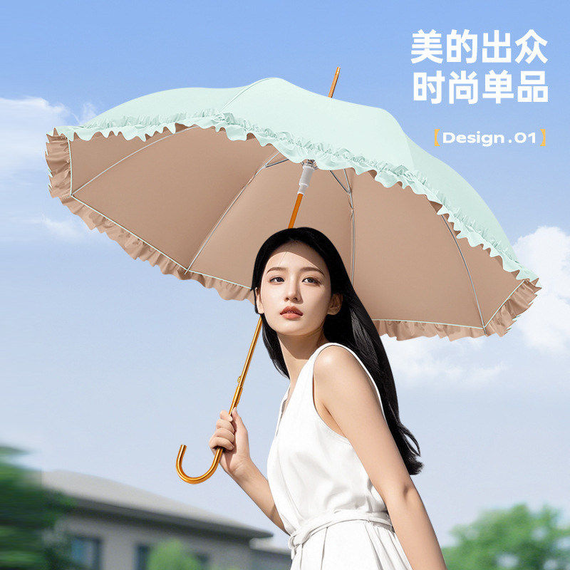 长柄遮阳伞彩胶防晒防紫外线太阳伞晴雨两用花边少女高颜值雨伞