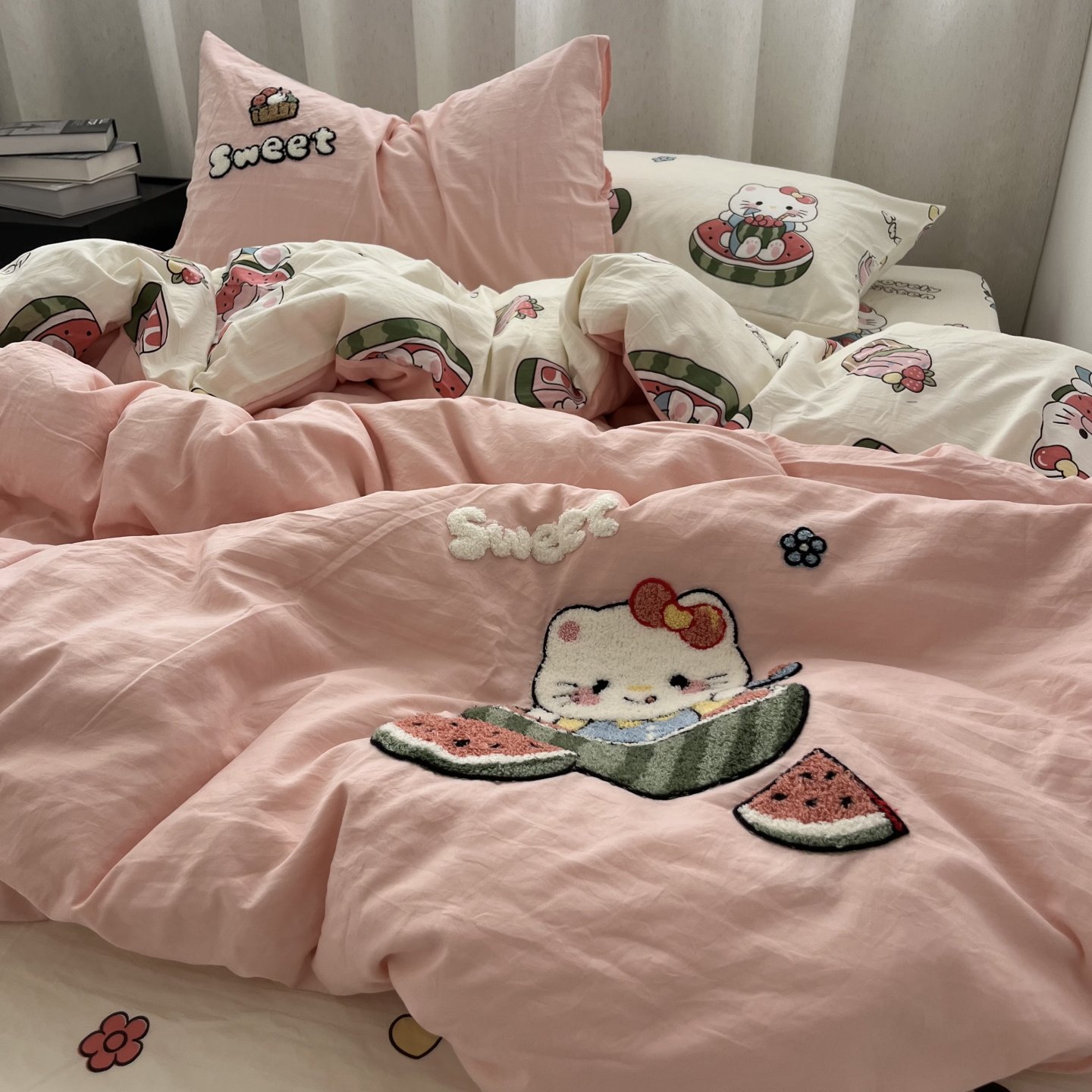 卡通可爱西瓜猫咪毛巾绣四件套