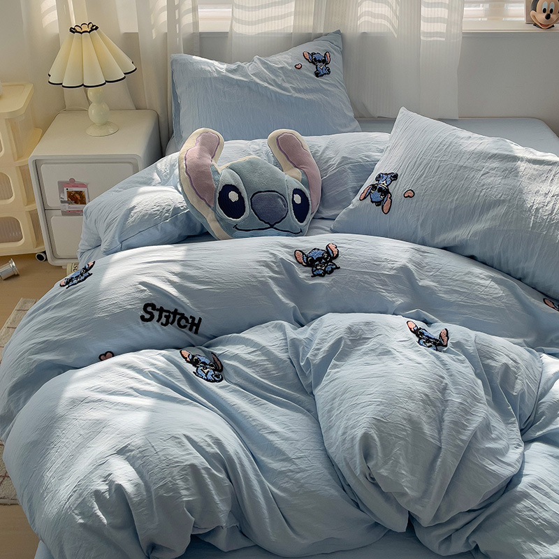 迪士尼卡通刺绣史迪仔水洗棉床单四件套全棉纯棉纯色被套三件套