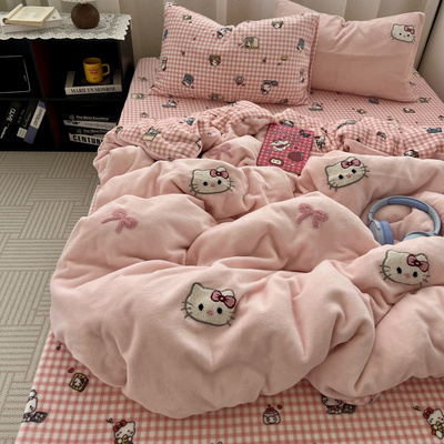 温柔少女粉Kt猫刺绣牛奶绒四件套