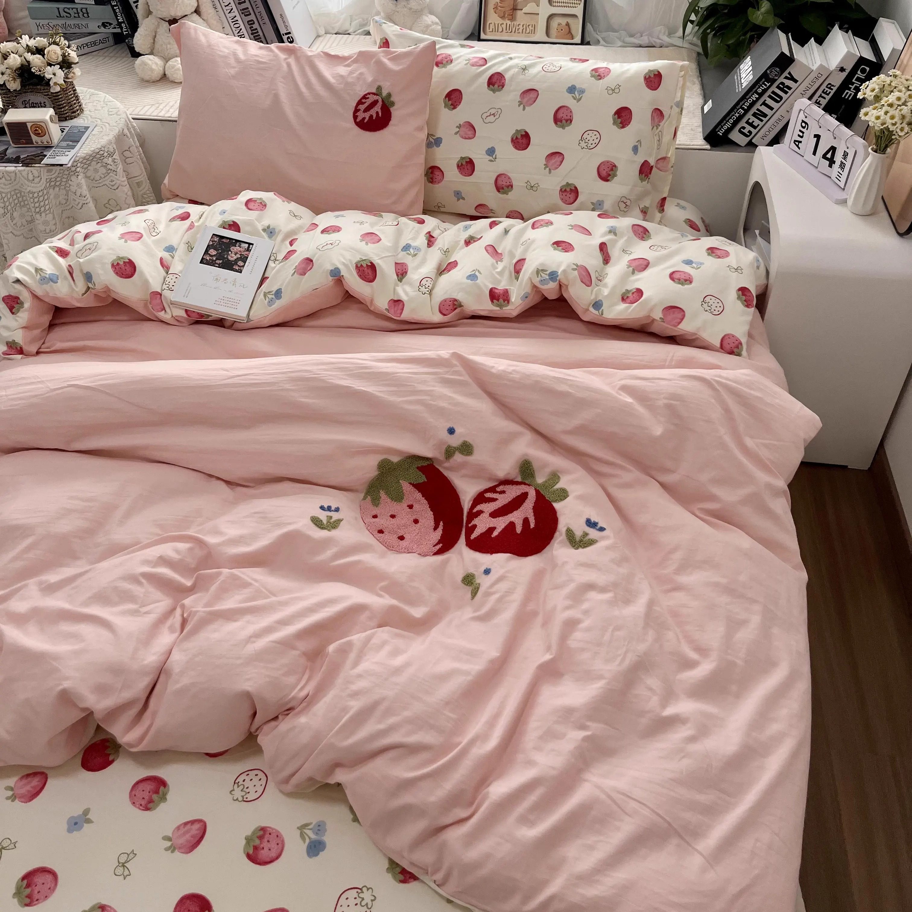 公主风粉色草莓毛巾绣水洗棉床单四件套纯棉被套全棉宿舍三件套