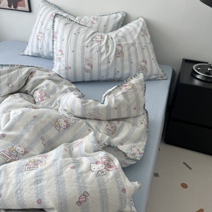 少女ins浅蓝条纹可爱卡通贝壳绣双层纱四件套全棉被套床单三件套