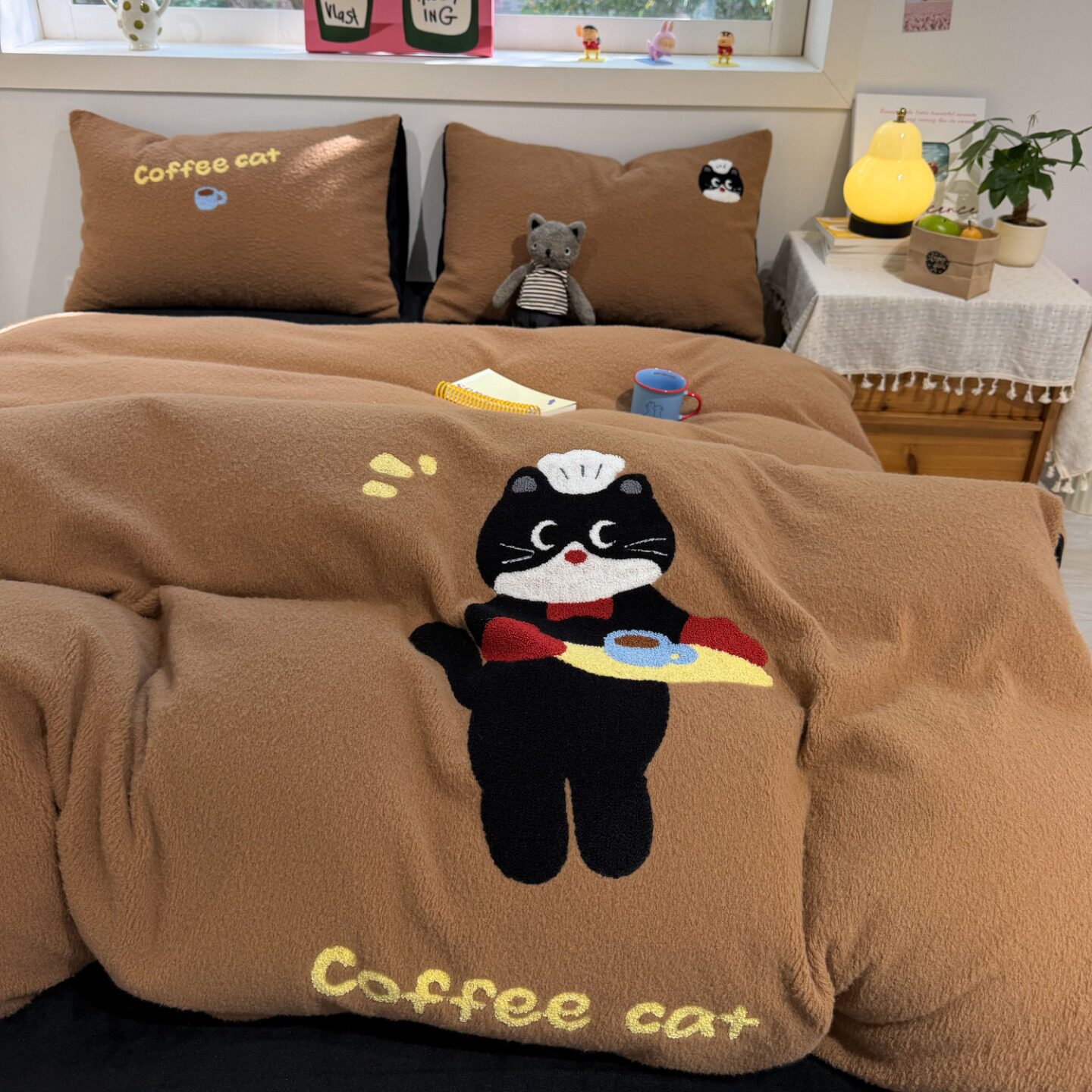 复古焦糖软萌咖啡猫牛奶绒四件套