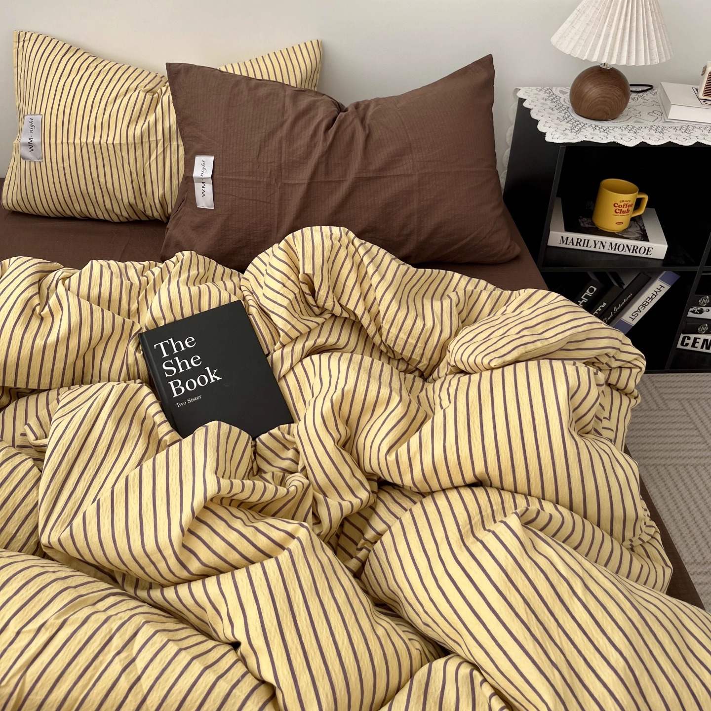 中古风简约条纹咖混搭床单四件套