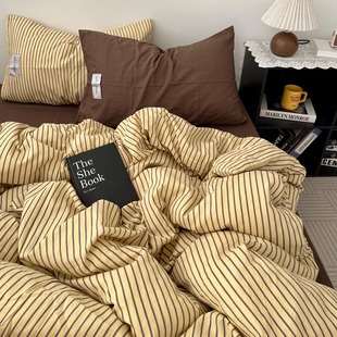 中古风简约条纹咖混搭水洗棉四件套纯棉被套全棉床单学生三件套