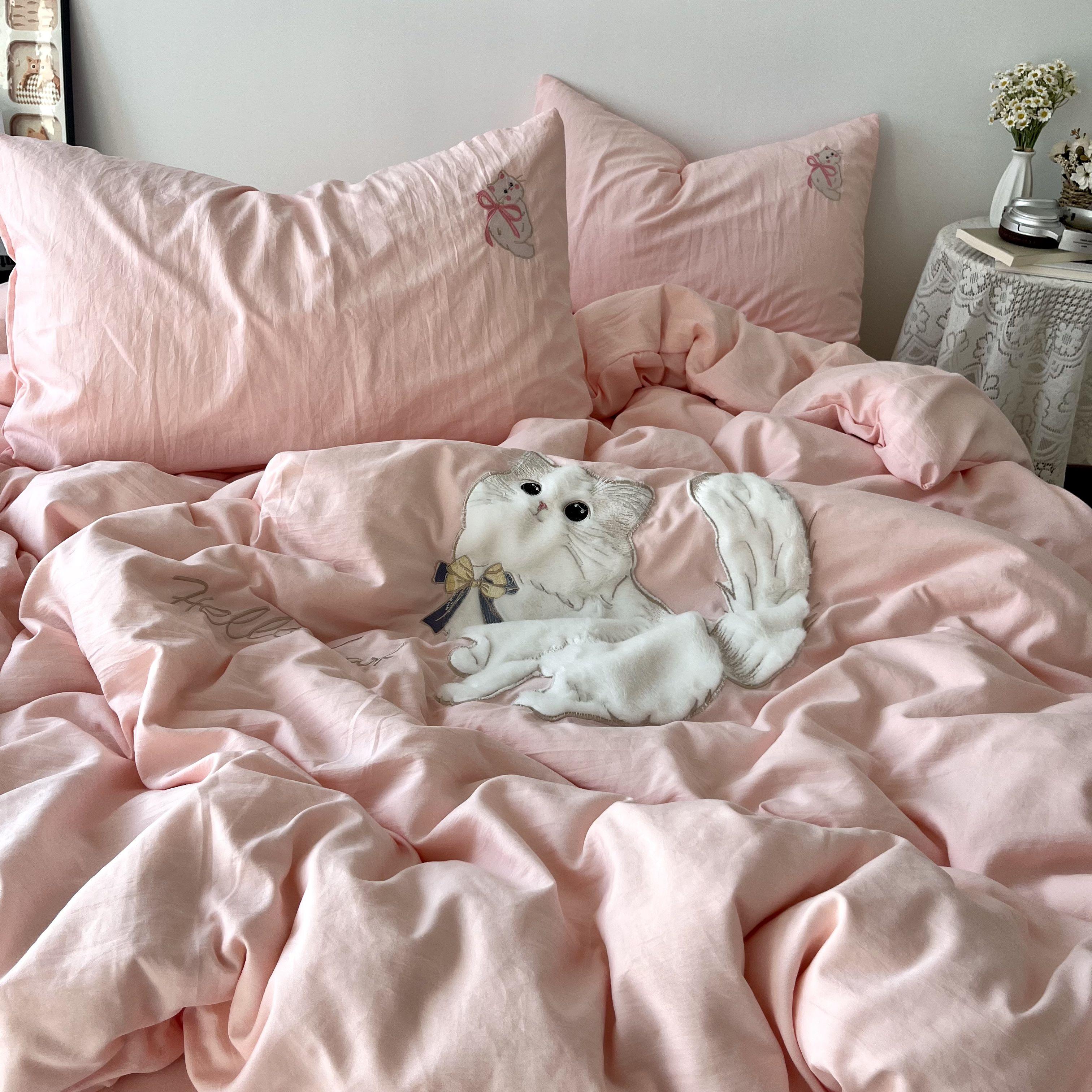 粉色少女心可爱猫咪贴布绣四件套