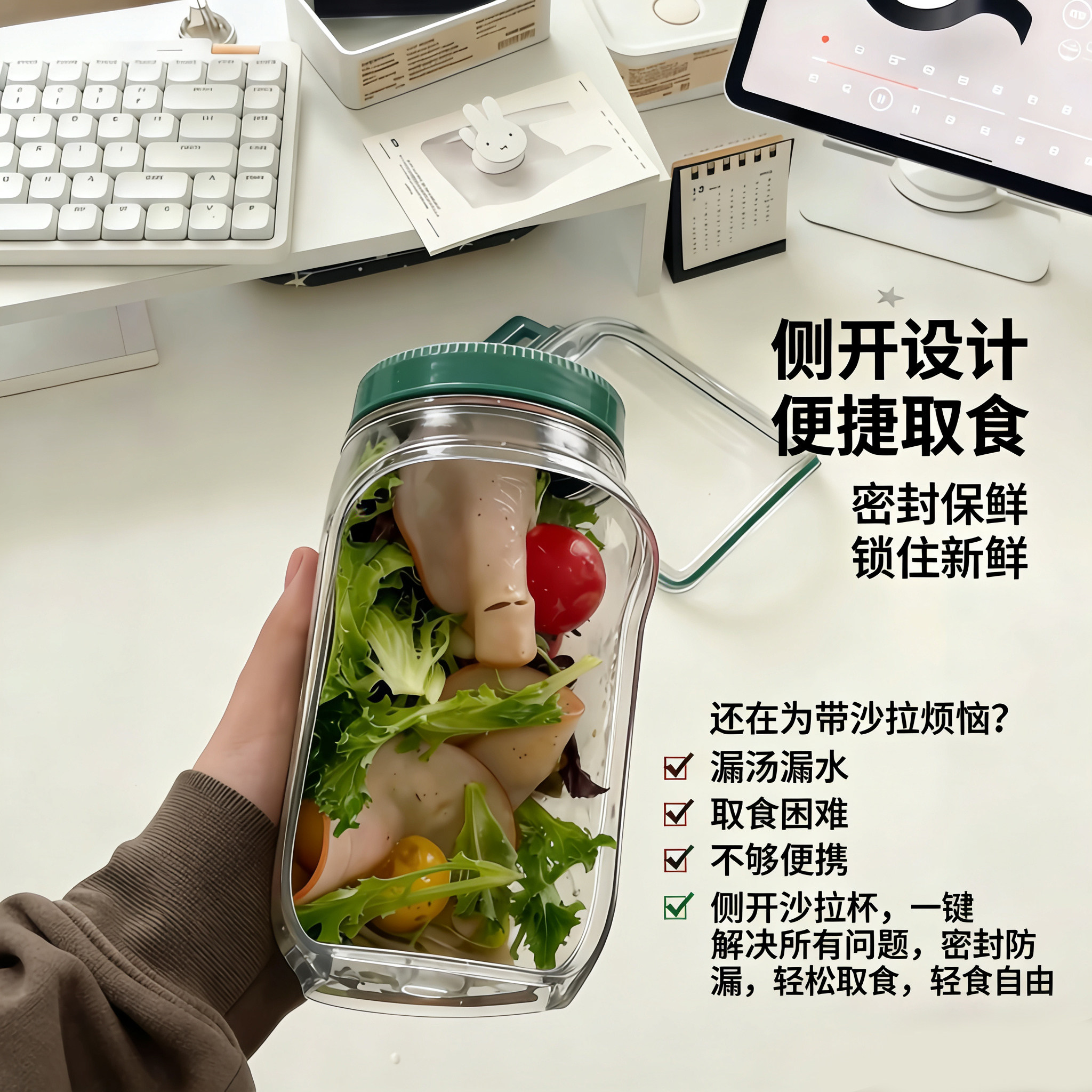 创意密封蔬菜沙拉碗侧开水果沙拉罐代餐饭盒便携防漏PP储物保鲜瓶