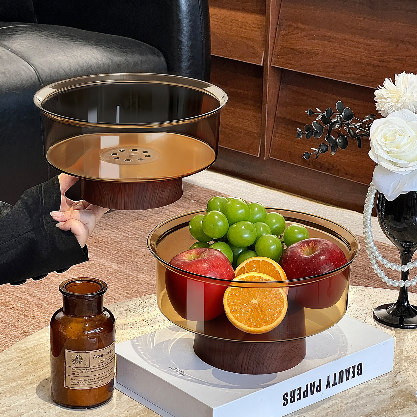 新中式仿木纹果盘可沥水客厅茶几高档高级感水果盘高脚托盘零食盘,餐饮具,果盆/果盘/果篮,淘宝优惠券,粉丝福利购,淘宝优惠卷