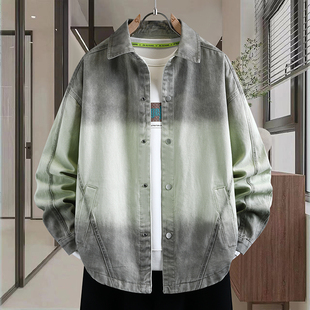 渐变色牛仔衬衫 青少年潮牌休闲外套春秋 男宽松翻领长袖