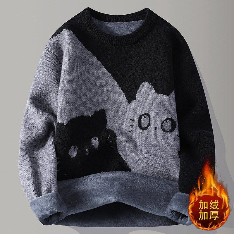 卡通猫咪图案毛衣男加绒加厚大童学生保暖圆领针织衫打底衫