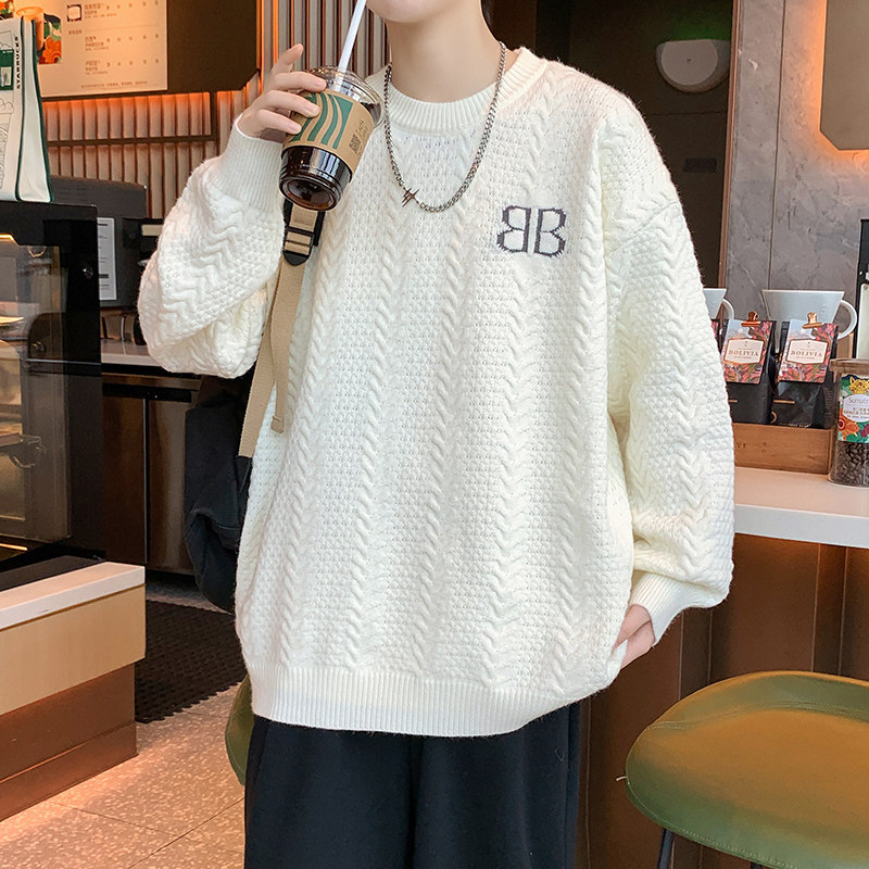 高端麦穗纹绞花纹毛衣男圆领字母编织衫休闲套头秋冬针织衫打底衫