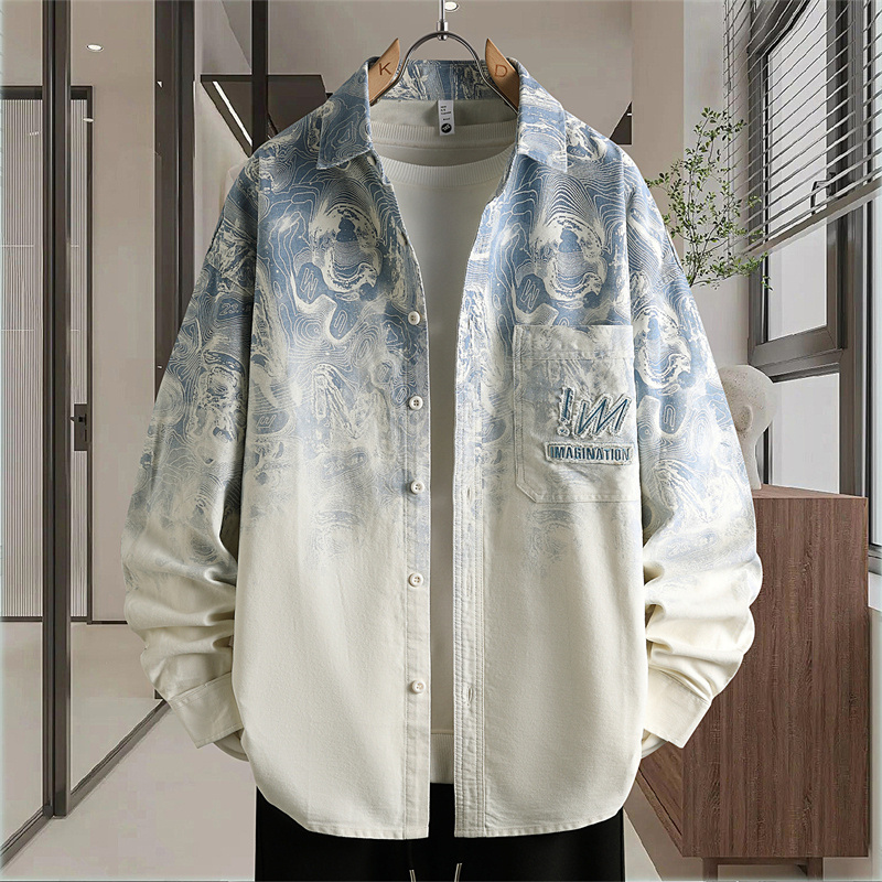 复古渐变衬衫男春秋季新款长袖宽松休闲时尚简约衬衣外套牛仔夹克