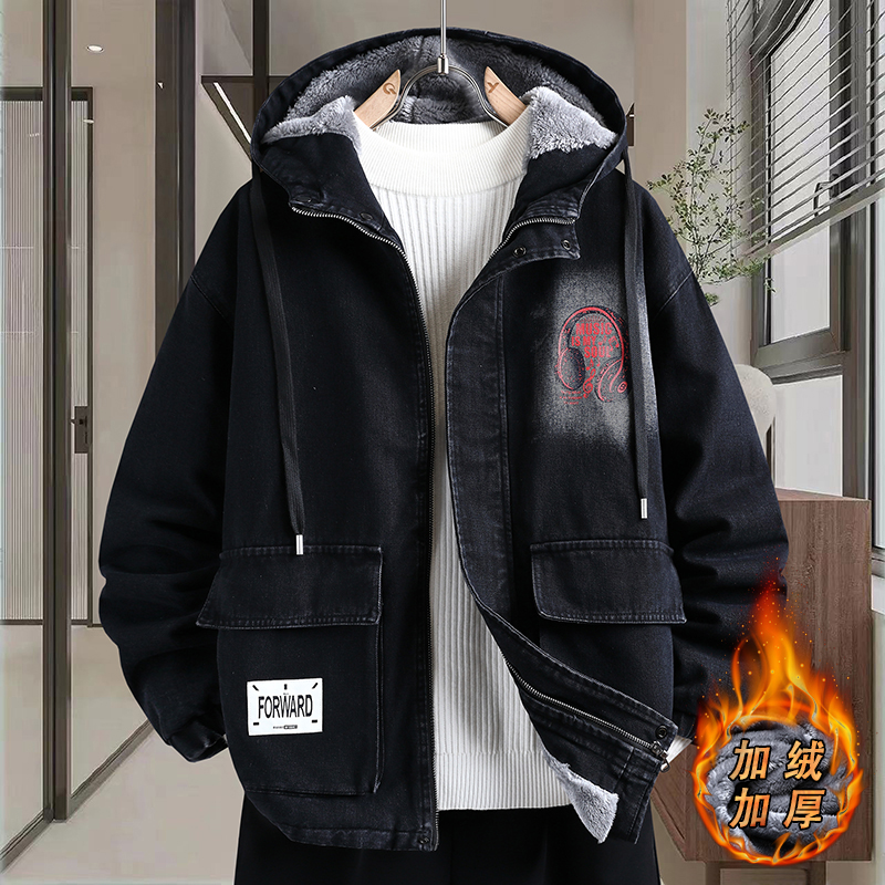 加绒加厚牛仔外套男青少年连帽