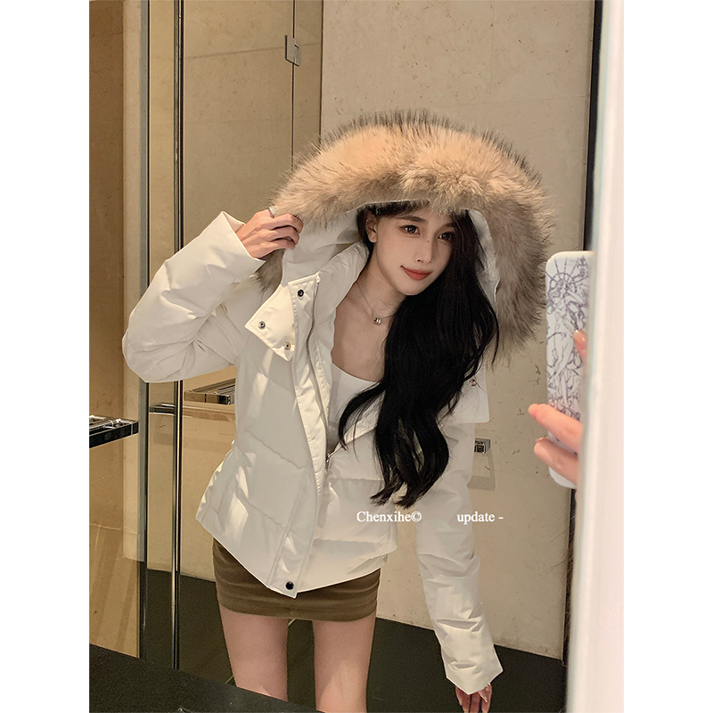 何晨曦 2025新款收腰版羽绒服女冬季短款白色修身貉子毛毛领外套