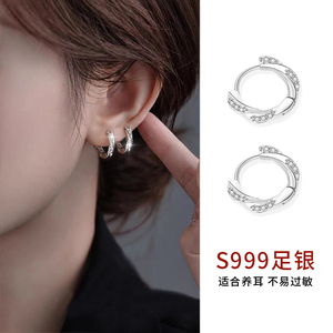 999纯银几何闪钻耳圈女养耳洞耳钉简约百搭耳扣高级耳环足银耳饰
