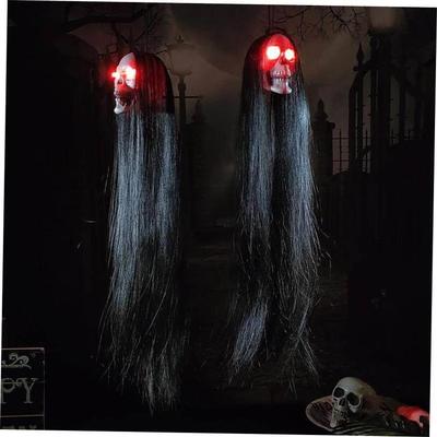 Halloween Hanging Ghost Skull with Long Hair Glowing Eyes