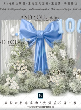 A302 白绿色满天星花艺蓝色蝴蝶结宝宝宴百日宴生日派对psd源文件