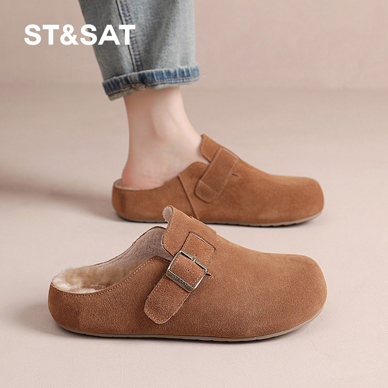 星期六包头半拖鞋女2024冬季新款外穿女款冬天加绒保暖勃肯棉拖鞋