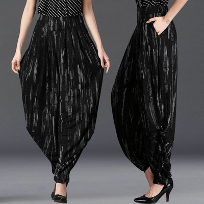 黑色水墨萝卜裤女高腰灯笼裤大码裤子2021新款休闲裤阔腿哈伦裤夏